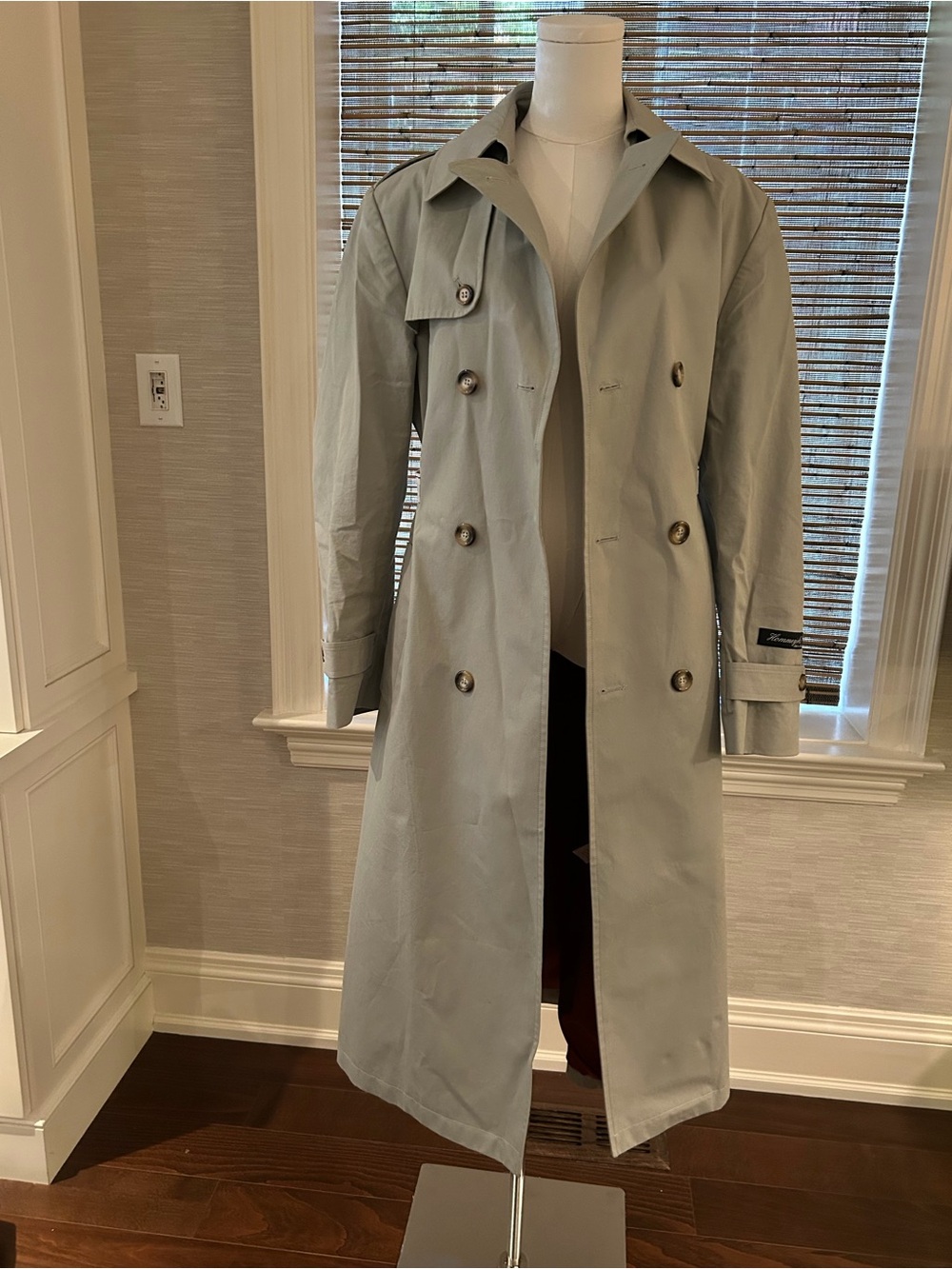 Menswear-inspired Double-Breasted Trench Coat in Light Gray